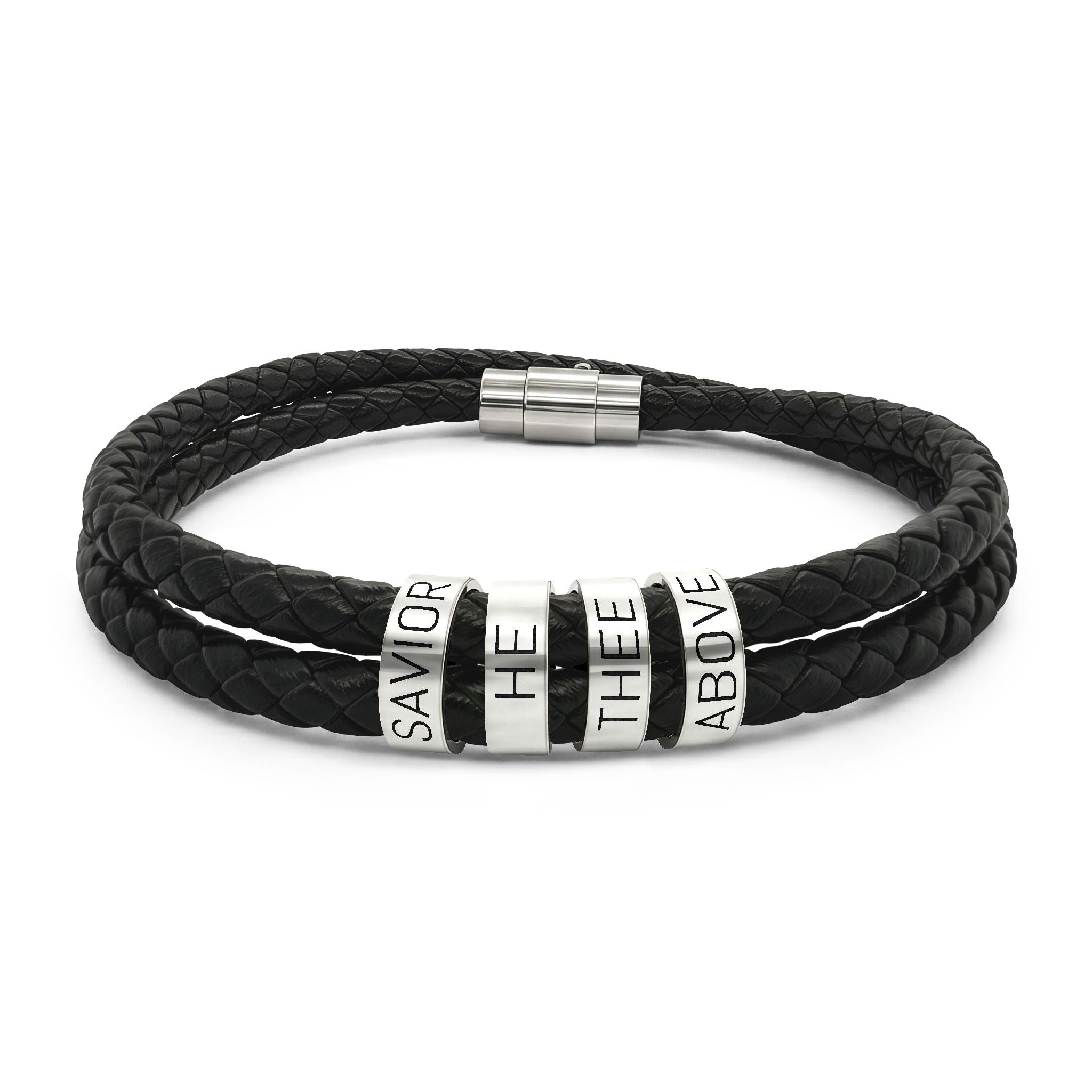 Engravable Black Braided Leather Bracelet with Stainless Steel Beads