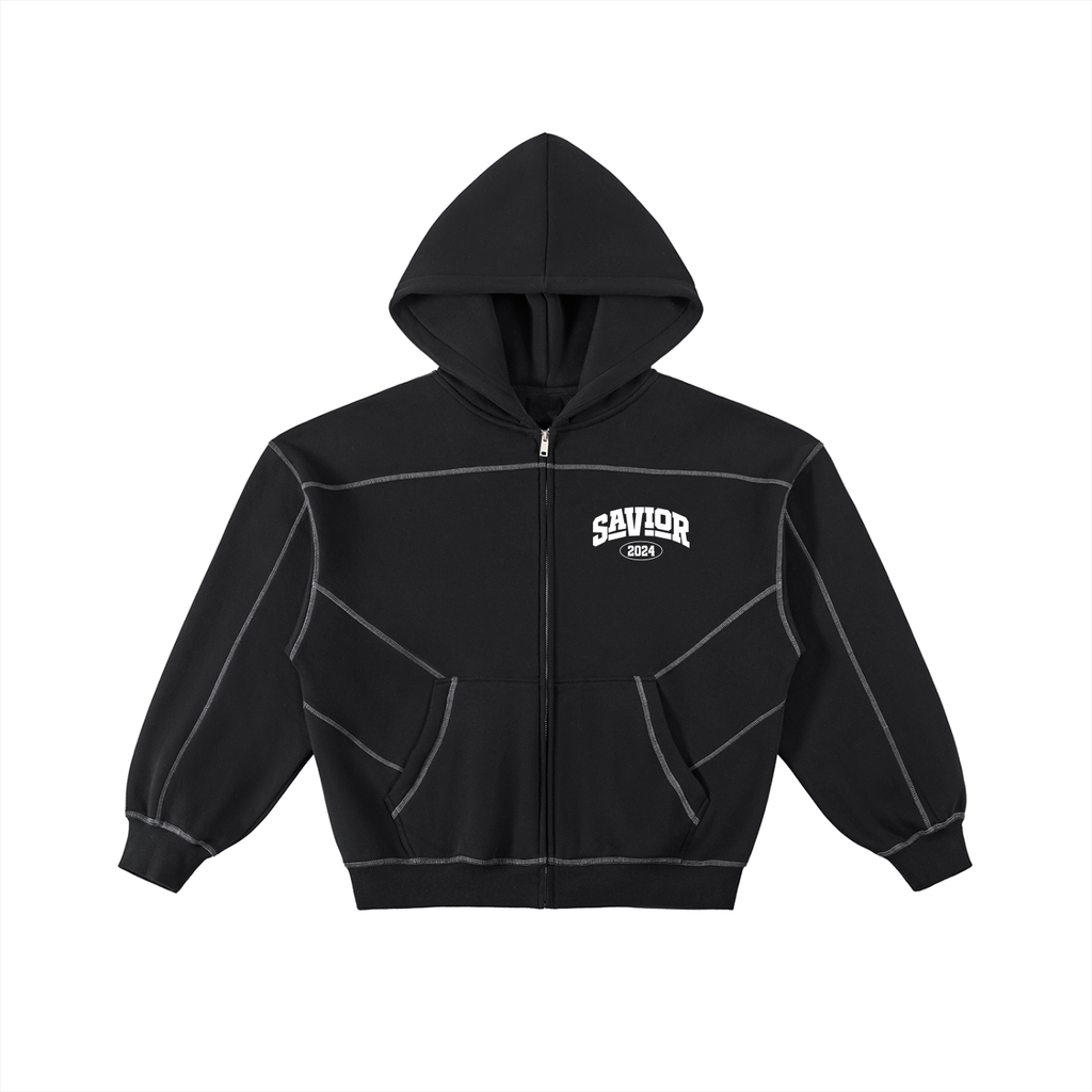 Contrast-Stitched Boxy Fleece Zip Hoodie