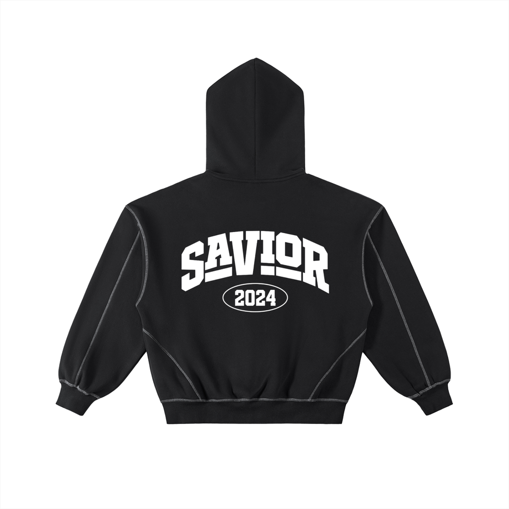 Contrast-Stitched Boxy Fleece Zip Hoodie