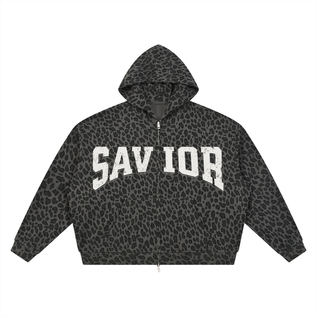 Unisex Leopard Print Waffle Full Zip Hoodie