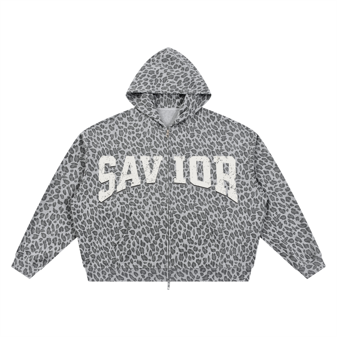 Unisex Leopard Print Waffle Full Zip Hoodie