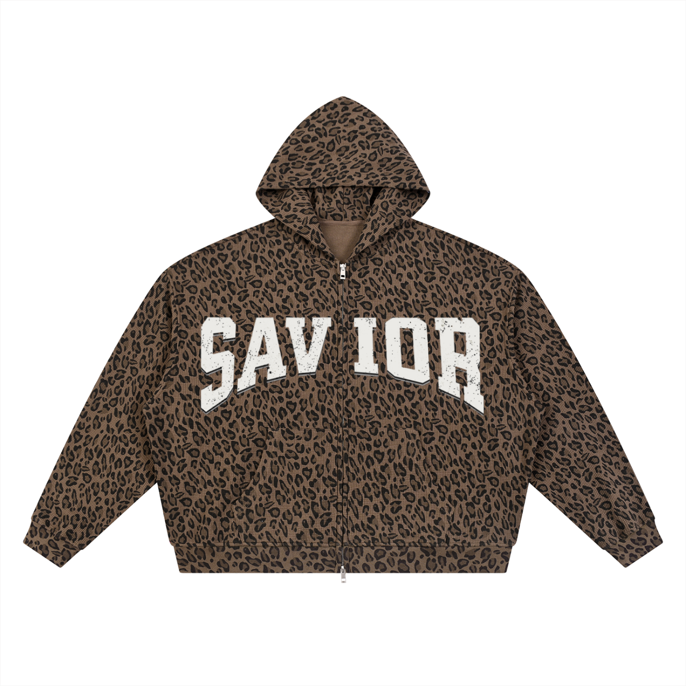 Unisex Leopard Print Waffle Full Zip Hoodie